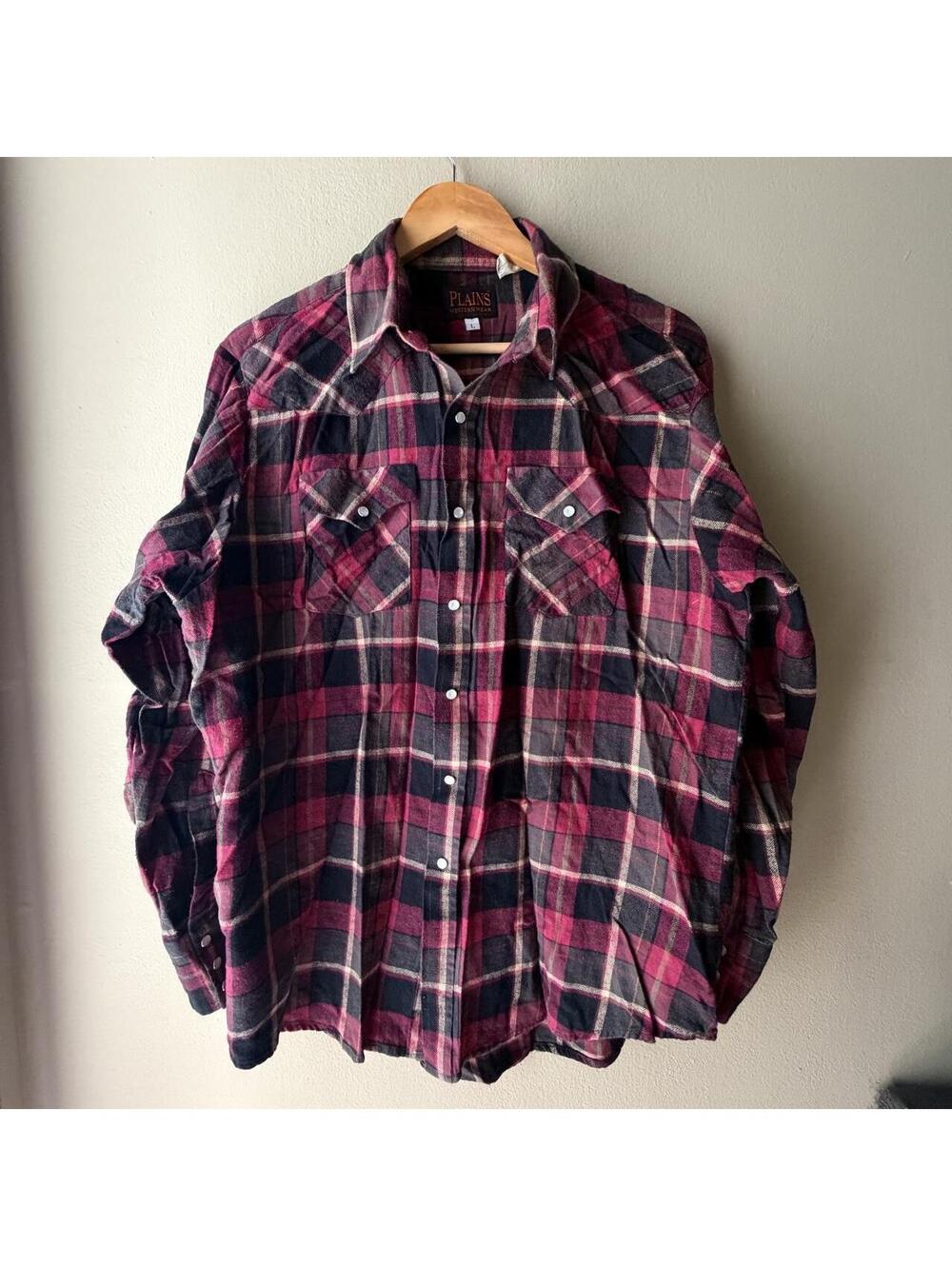 Plains Western Wear Burgundy Plaid Pearl Snap Flannel Shirt Large